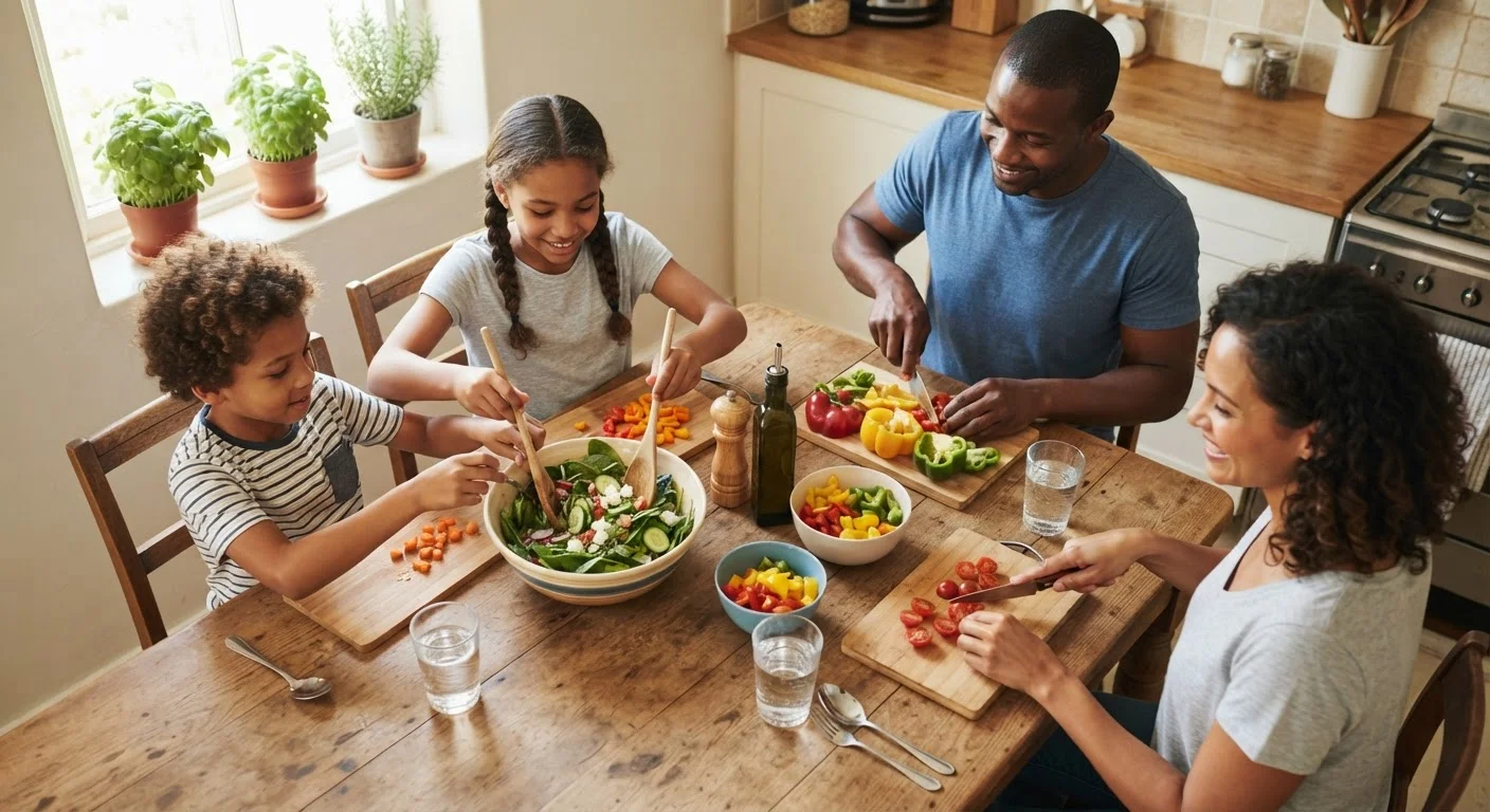 A family of four preparing a healthy meal together at a bright kitchen table