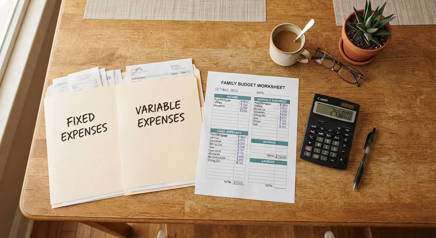 Family budget worksheet on kitchen table with two folders labeled fixed and variable expenses