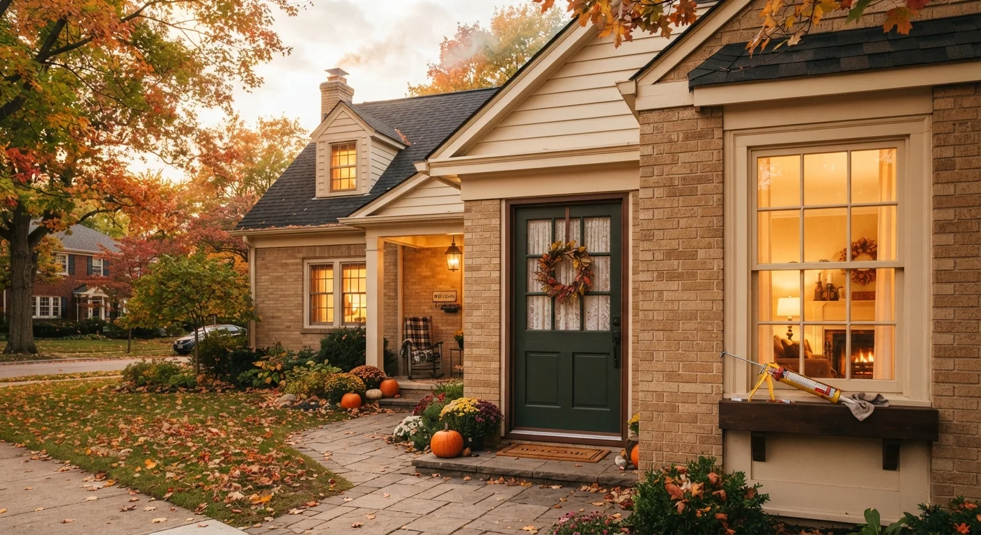 A suburban home with weatherstripped door and sealed windows glowing warmly from inside