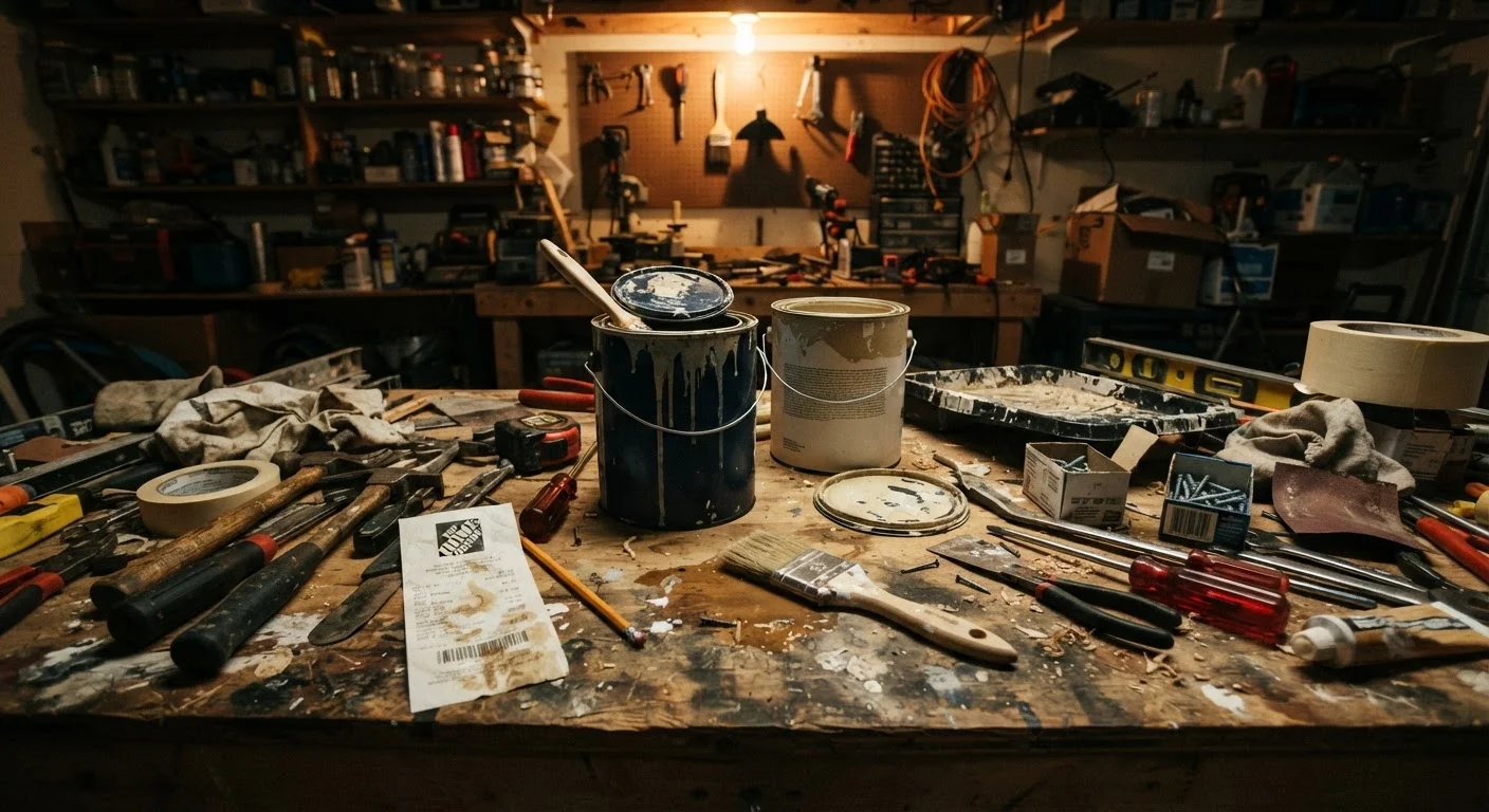 Cluttered workbench with scattered tools, paint cans, and a crumpled budget receipt